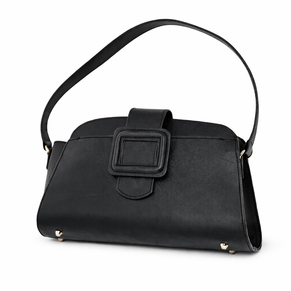 Divina Firenze Black Leather Shoulder Bag Structured Buckle Purse